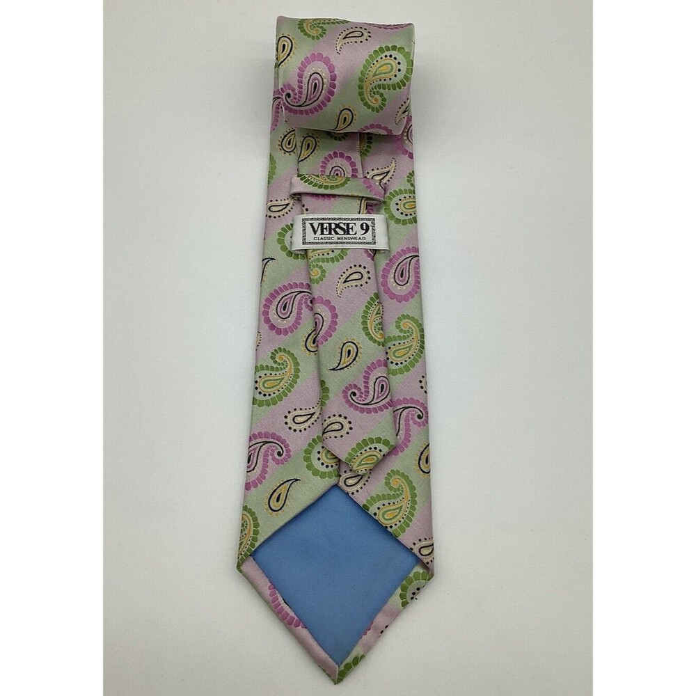 Verse 9 Necktie 100% Silk Paisley Soft Pink Green Classic Men’s Tie - Picture 3 of 6
